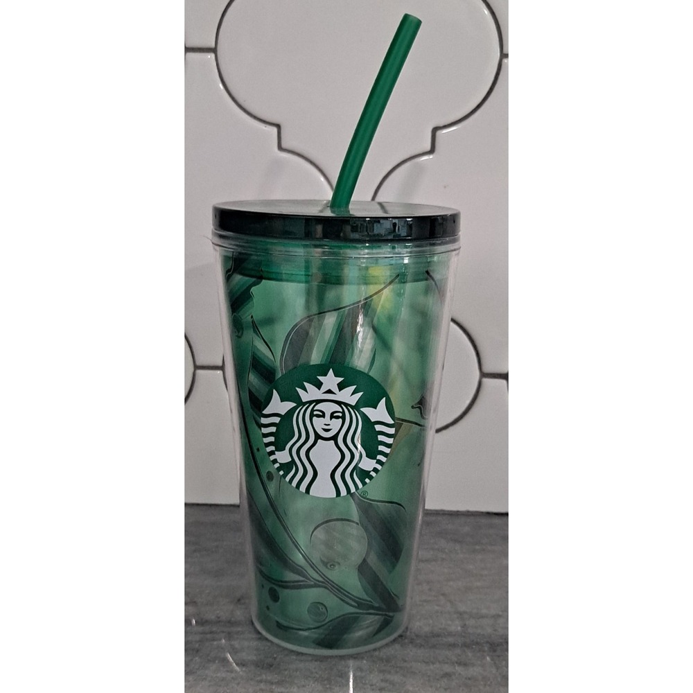 STARBUCKS Green Holly Berry Double Wall Travel‎ Tumbler 16OZ Acrylic Cup w/Straw